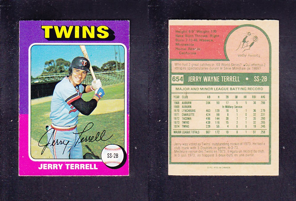 1975 O-PEE-CHEE BASEBALL CARD #654 J. TERRELL photo 1975 O-PEE-CHEE BASEBALL CARD #654 J. TERRELL photo
