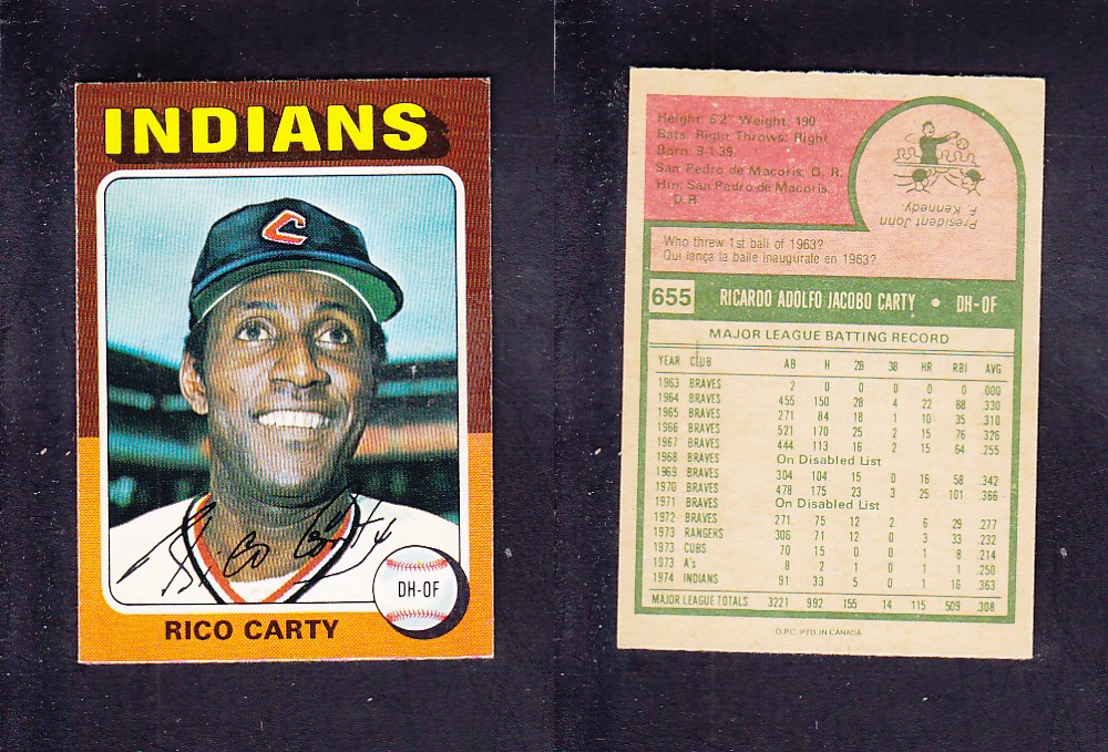 1975 O-PEE-CHEE BASEBALL CARD #655 R. CARTY photo 1975 O-PEE-CHEE BASEBALL CARD #655 R. CARTY photo