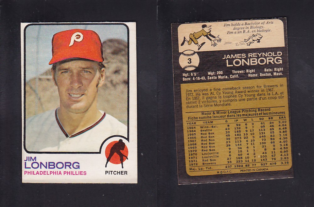 1973 O-PEE-CHEE BASEBALL CARD #3 J. LONBORG photo 1973 O-PEE-CHEE BASEBALL CARD #3 J. LONBORG photo