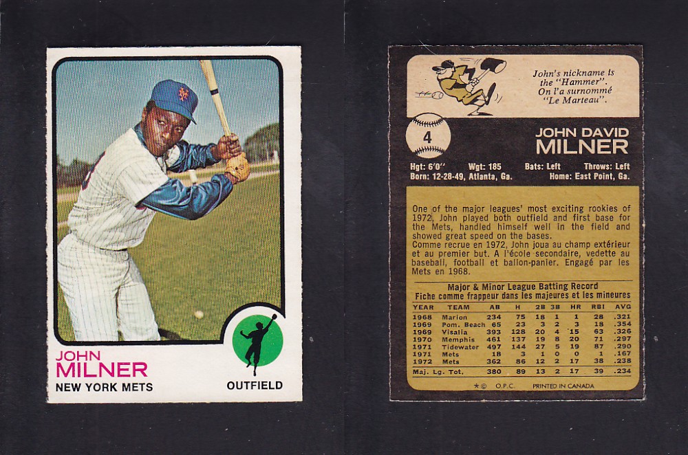 1973 O-PEE-CHEE BASEBALL CARD #4 J. MILNER photo 1973 O-PEE-CHEE BASEBALL CARD #4 J. MILNER photo