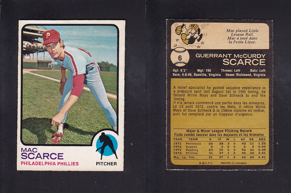 1973 O-PEE-CHEE BASEBALL CARD #6 M. SCARCE photo 1973 O-PEE-CHEE BASEBALL CARD #6 M. SCARCE photo
