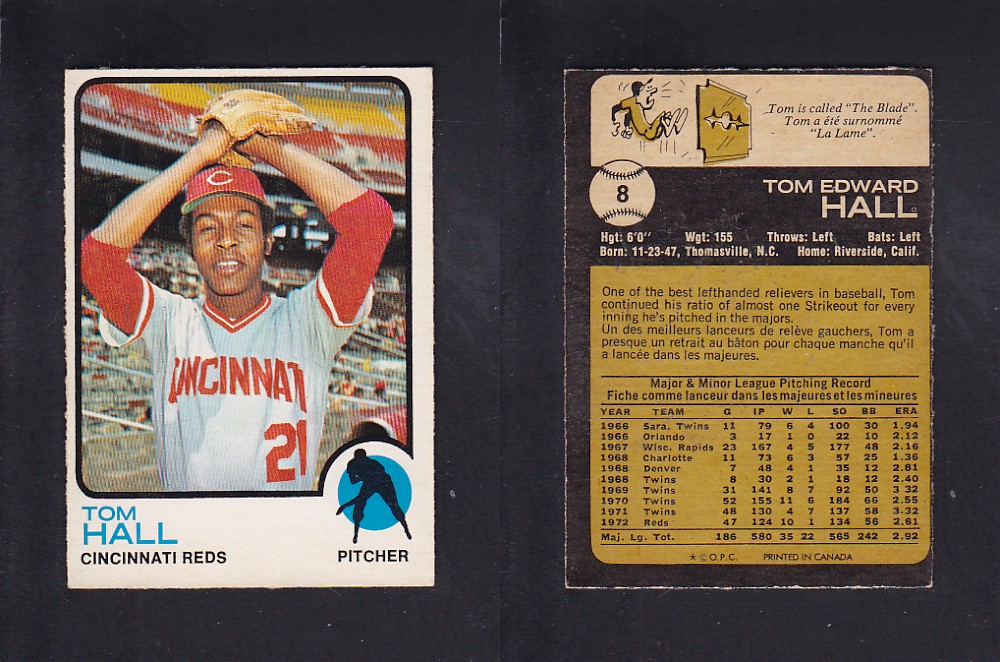 1973 O-PEE-CHEE BASEBALL CARD #8 T. HALL photo 1973 O-PEE-CHEE BASEBALL CARD #8 T. HALL photo