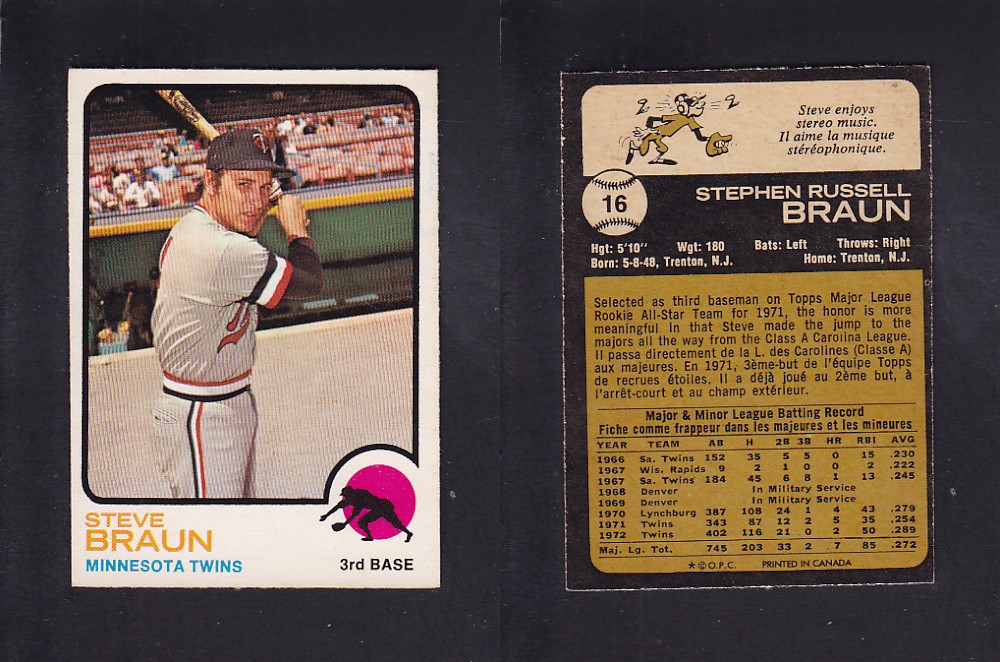 1973 O-PEE-CHEE BASEBALL CARD #16 S. BRAUN photo 1973 O-PEE-CHEE BASEBALL CARD #16 S. BRAUN photo