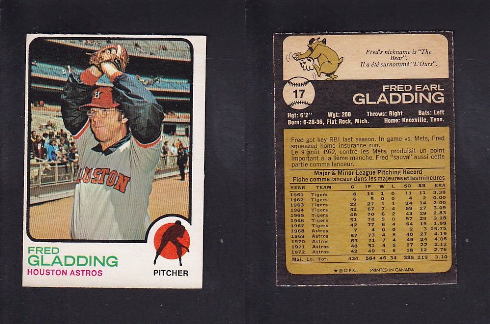 1973 O-PEE-CHEE BASEBALL CARD #17 F. GLADDING photo 1973 O-PEE-CHEE BASEBALL CARD #17 F. GLADDING photo