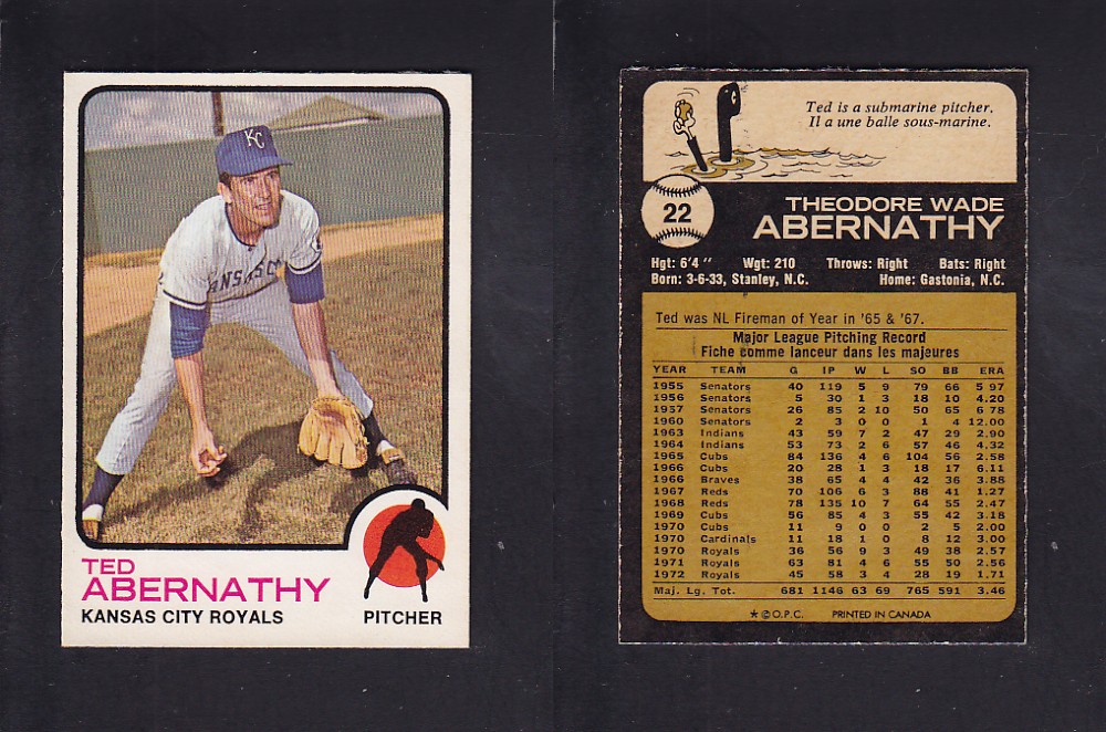 1973 O-PEE-CHEE BASEBALL CARD #22 T. ABERNATHY photo 1973 O-PEE-CHEE BASEBALL CARD #22 T. ABERNATHY photo