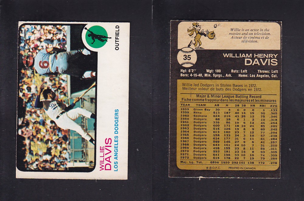 1973 O-PEE-CHEE BASEBALL CARD #35 W. DAVIS photo 1973 O-PEE-CHEE BASEBALL CARD #35 W. DAVIS photo
