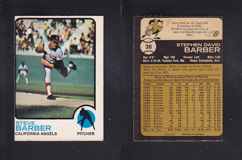 1973 O-PEE-CHEE BASEBALL CARD #36 S. BARBER photo 1973 O-PEE-CHEE BASEBALL CARD #36 S. BARBER photo