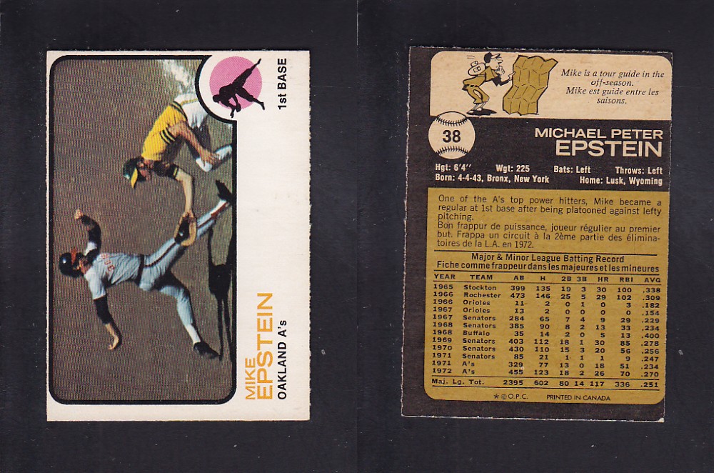 1973 O-PEE-CHEE BASEBALL CARD #38 M. EPSTEIN photo 1973 O-PEE-CHEE BASEBALL CARD #38 M. EPSTEIN photo