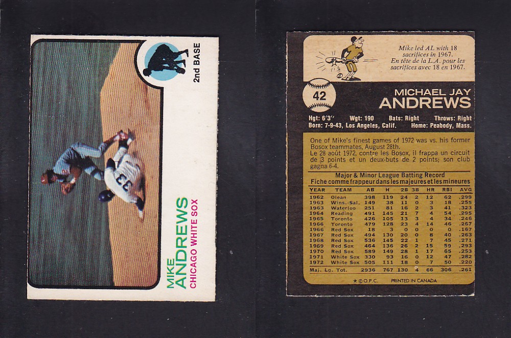 1973 O-PEE-CHEE BASEBALL CARD #42 M. ANDREWS photo 1973 O-PEE-CHEE BASEBALL CARD #42 M. ANDREWS photo