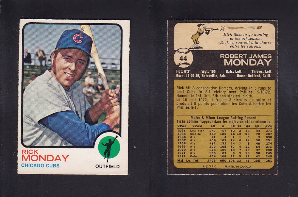 1973 O-PEE-CHEE BASEBALL CARD #44 R. MONDAY photo 1973 O-PEE-CHEE BASEBALL CARD #44 R. MONDAY photo