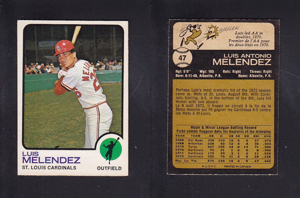 1973 O-PEE-CHEE BASEBALL CARD #47 L. MELENDEZ photo 1973 O-PEE-CHEE BASEBALL CARD #47 L. MELENDEZ photo