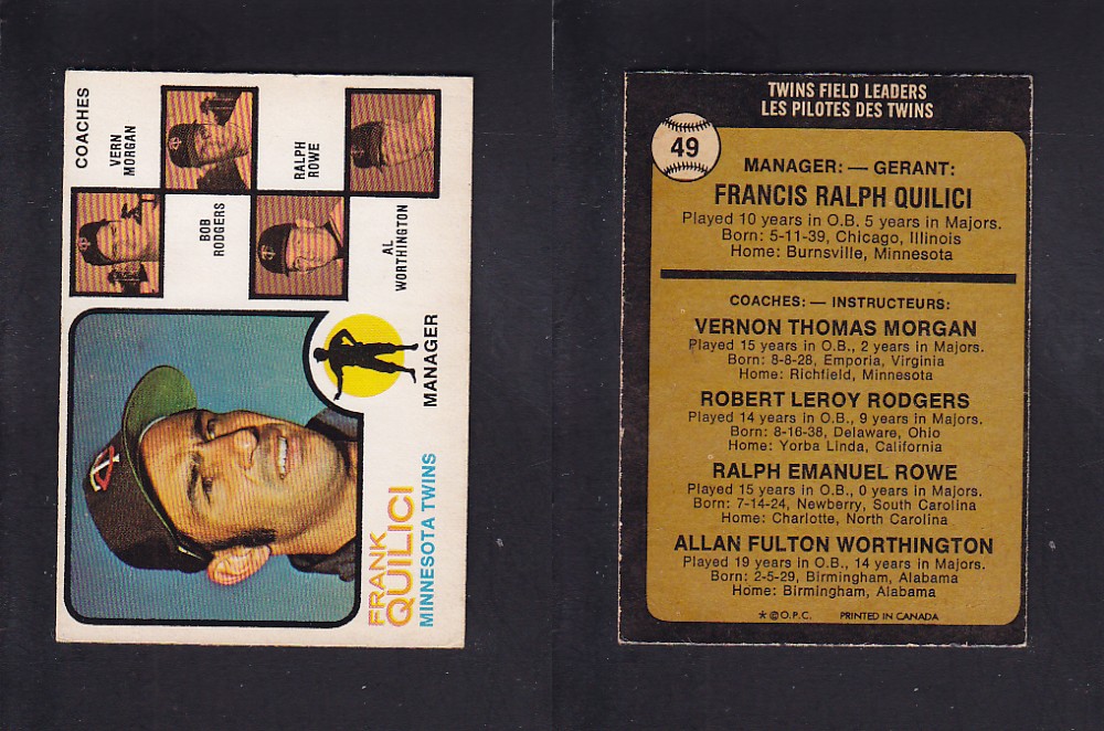1973 O-PEE-CHEE BASEBALL CARD #49 F. QUILICI photo 1973 O-PEE-CHEE BASEBALL CARD #49 F. QUILICI photo