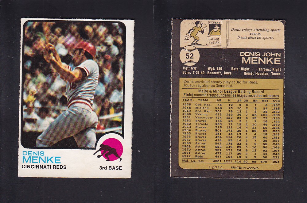 1973 O-PEE-CHEE BASEBALL CARD #52 D. MENKE photo 1973 O-PEE-CHEE BASEBALL CARD #52 D. MENKE photo