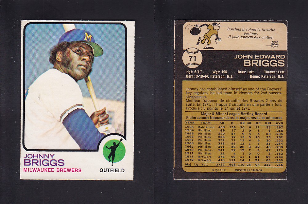 1973 O-PEE-CHEE BASEBALL CARD #71 J. BRIGGS photo 1973 O-PEE-CHEE BASEBALL CARD #71 J. BRIGGS photo