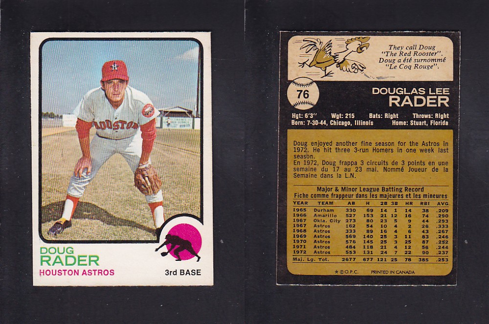 1973 O-PEE-CHEE BASEBALL CARD #76 D. RADER photo 1973 O-PEE-CHEE BASEBALL CARD #76 D. RADER photo