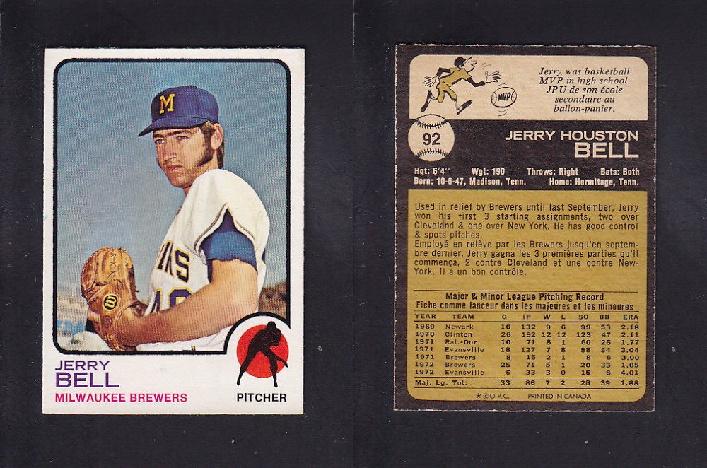 1973 O-PEE-CHEE BASEBALL CARD #92 J. BELL photo 1973 O-PEE-CHEE BASEBALL CARD #92 J. BELL photo