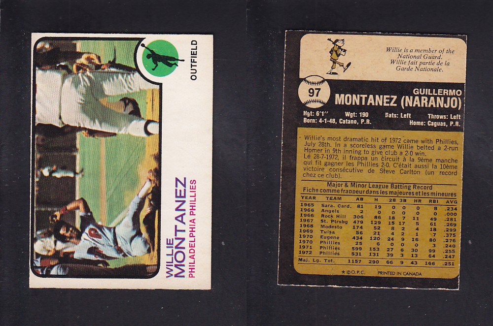 1973 O-PEE-CHEE BASEBALL CARD #97 W. MONTANEZ photo 1973 O-PEE-CHEE BASEBALL CARD #97 W. MONTANEZ photo