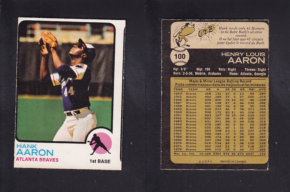 1973 O-PEE-CHEE BASEBALL CARD #100 H. AARON photo 1973 O-PEE-CHEE BASEBALL CARD #100 H. AARON photo