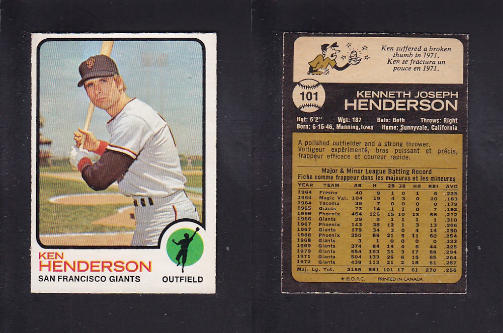 1973 O-PEE-CHEE BASEBALL CARD #101 K. HENDERSON photo