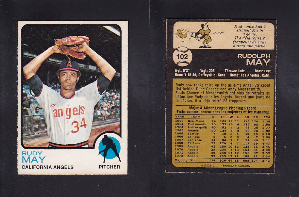 1973 O-PEE-CHEE BASEBALL CARD #102 R. MAY photo 1973 O-PEE-CHEE BASEBALL CARD #102 R. MAY photo