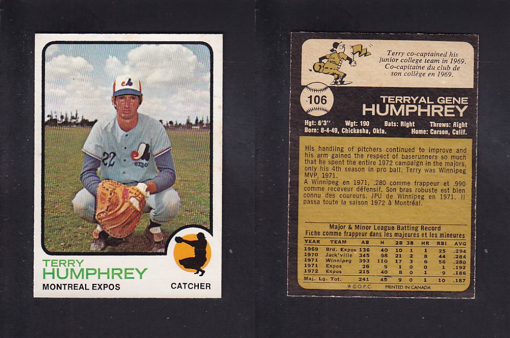 1973 O-PEE-CHEE BASEBALL CARD #106 T. HUMPHREY photo