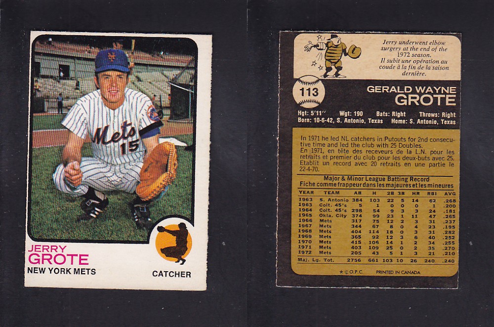 1973 O-PEE-CHEE BASEBALL CARD #113 J. GROTE photo