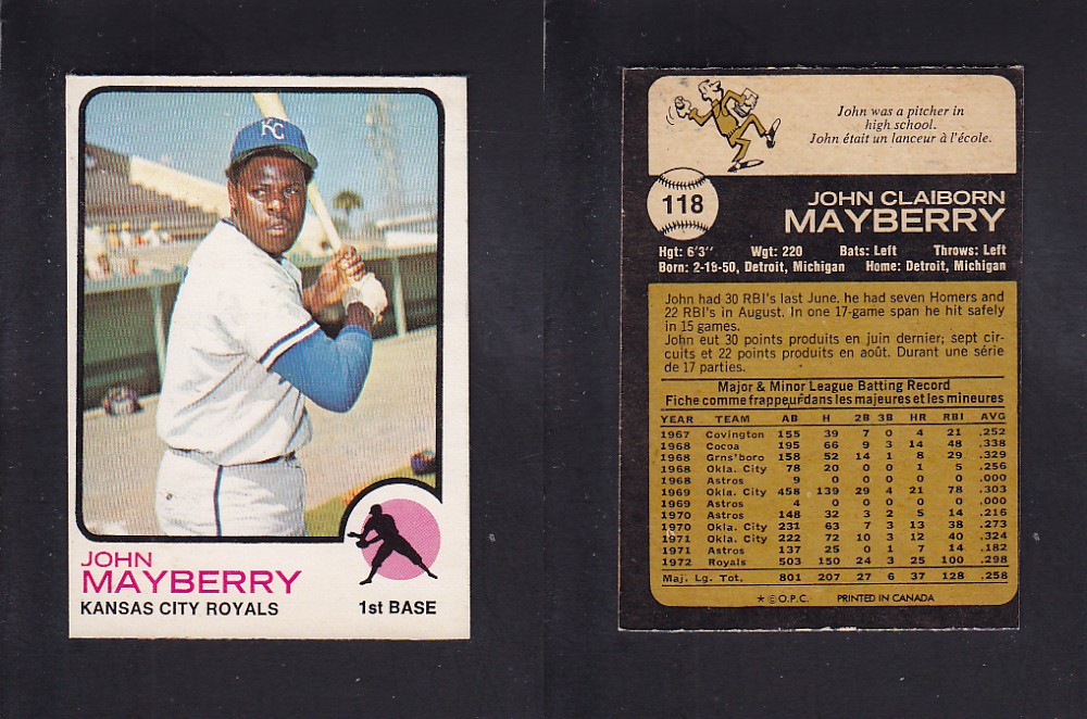 1973 O-PEE-CHEE BASEBALL CARD #118 J. MAYBERRY photo 1973 O-PEE-CHEE BASEBALL CARD #118 J. MAYBERRY photo