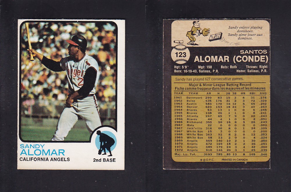 1973 O-PEE-CHEE BASEBALL CARD #123 S. ALOMAR photo 1973 O-PEE-CHEE BASEBALL CARD #123 S. ALOMAR photo
