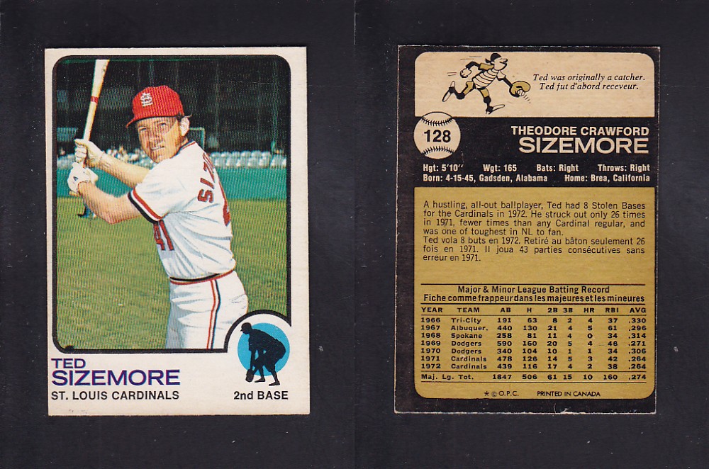 1973 O-PEE-CHEE BASEBALL CARD #128 T. SIZEMORE photo 1973 O-PEE-CHEE BASEBALL CARD #128 T. SIZEMORE photo