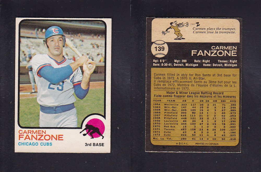 1973 O-PEE-CHEE BASEBALL CARD #139 C. FANZONE photo 1973 O-PEE-CHEE BASEBALL CARD #139 C. FANZONE photo