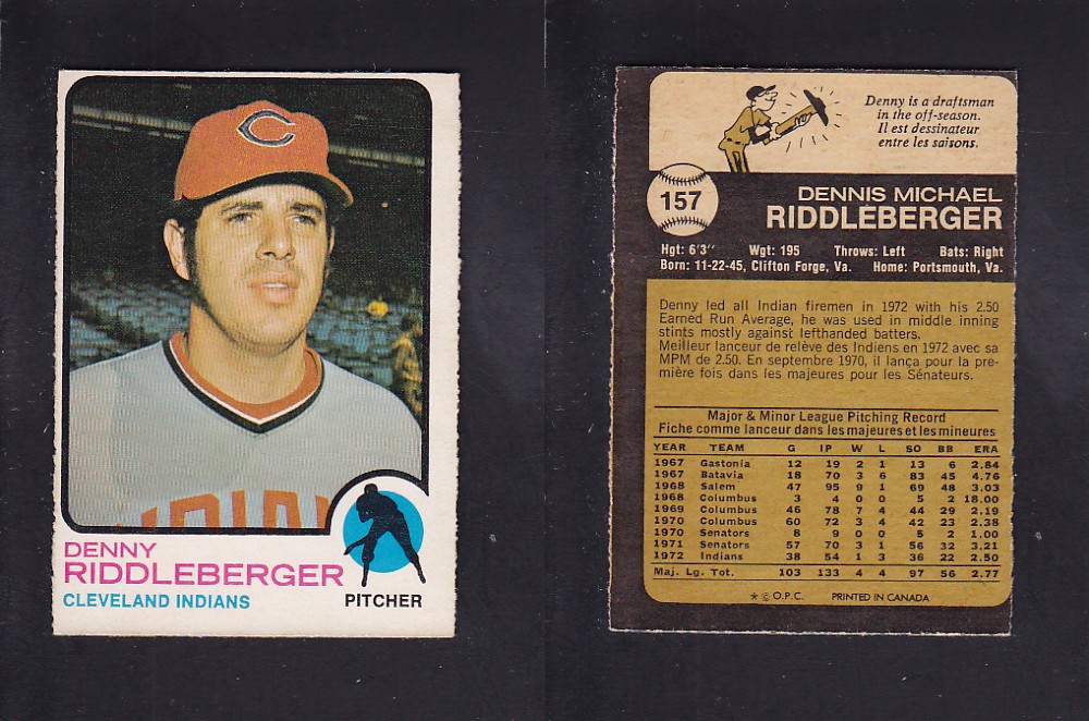 1973 O-PEE-CHEE BASEBALL CARD #157 D. RIDDLEBERGER photo 1973 O-PEE-CHEE BASEBALL CARD #157 D. RIDDLEBERGER photo