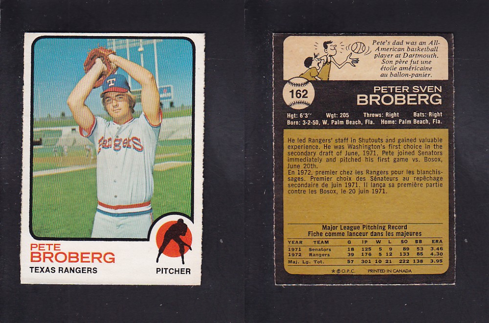 1973 O-PEE-CHEE BASEBALL CARD #162 P. BROBERG photo 1973 O-PEE-CHEE BASEBALL CARD #162 P. BROBERG photo