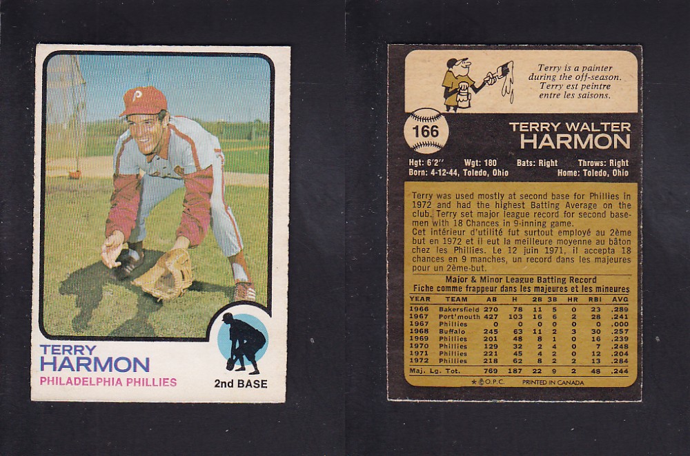 1973 O-PEE-CHEE BASEBALL CARD #166 T. HARMON photo 1973 O-PEE-CHEE BASEBALL CARD #166 T. HARMON photo