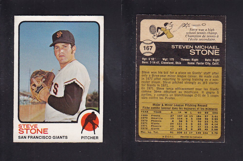 1973 O-PEE-CHEE BASEBALL CARD #167 S. STONE photo 1973 O-PEE-CHEE BASEBALL CARD #167 S. STONE photo