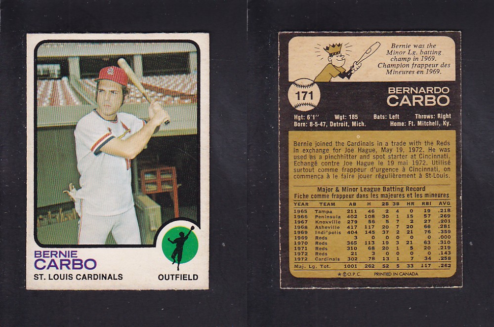 1973 O-PEE-CHEE BASEBALL CARD #171 B. CARBO photo 1973 O-PEE-CHEE BASEBALL CARD #171 B. CARBO photo