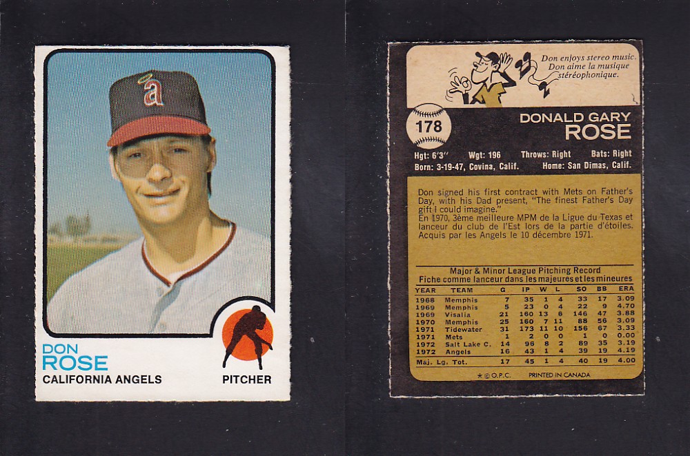 1973 O-PEE-CHEE BASEBALL CARD #178 D. ROSE photo 1973 O-PEE-CHEE BASEBALL CARD #178 D. ROSE photo
