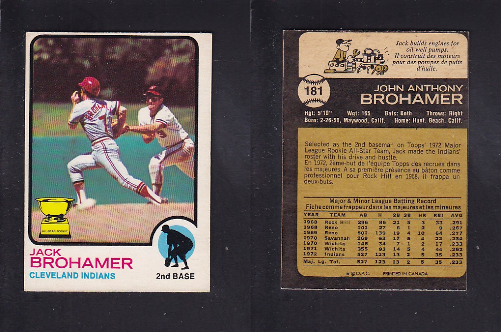 1973 O-PEE-CHEE BASEBALL CARD #181 J. BROHAMER photo 1973 O-PEE-CHEE BASEBALL CARD #181 J. BROHAMER photo
