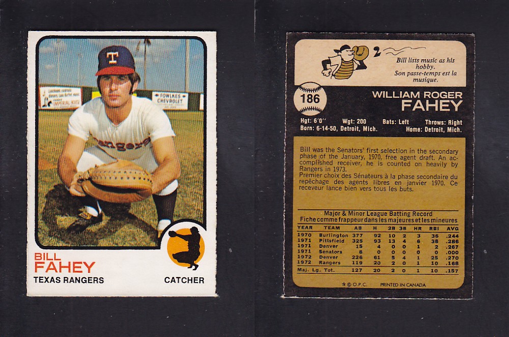 1973 O-PEE-CHEE BASEBALL CARD #186 B. FAHEY photo 1973 O-PEE-CHEE BASEBALL CARD #186 B. FAHEY photo