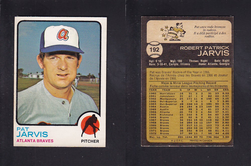 1973 O-PEE-CHEE BASEBALL CARD #192 P. JARVIS photo 1973 O-PEE-CHEE BASEBALL CARD #192 P. JARVIS photo
