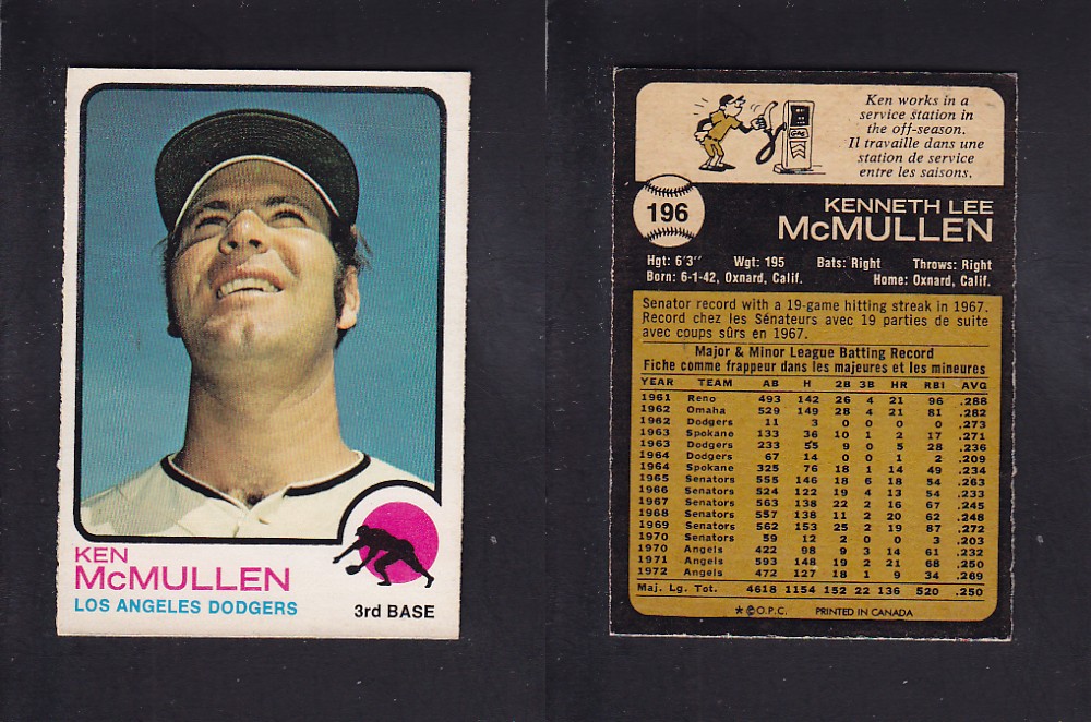 1973 O-PEE-CHEE BASEBALL CARD #196 L. McMULLEN photo 1973 O-PEE-CHEE BASEBALL CARD #196 L. McMULLEN photo
