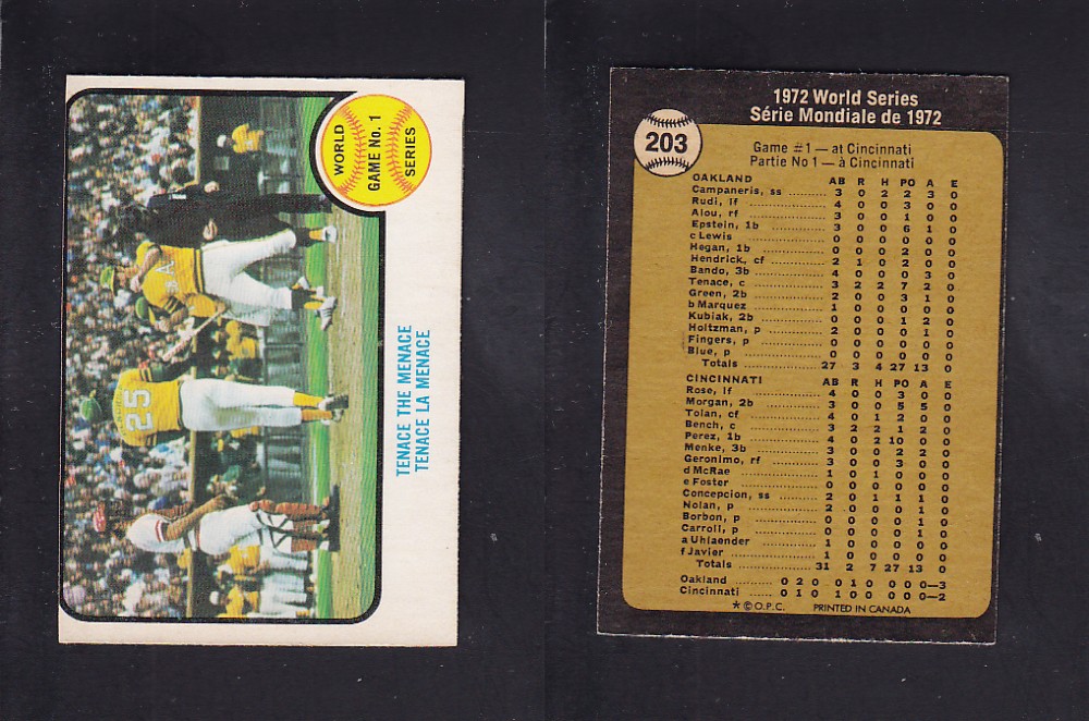 1973 O-PEE-CHEE BASEBALL CARD #203 WORLD SERIES GAME #1 photo 1973 O-PEE-CHEE BASEBALL CARD #203 WORLD SERIES GAME #1 photo