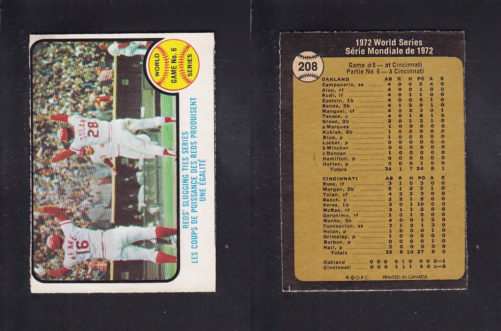 1973 O-PEE-CHEE BASEBALL CARD #208 WORLD SERIES GAME #6 photo 1973 O-PEE-CHEE BASEBALL CARD #208 WORLD SERIES GAME #6 photo