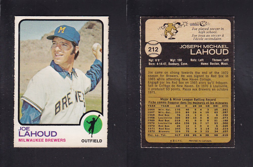 1973 O-PEE-CHEE BASEBALL CARD #212 J. LAHOUD photo 1973 O-PEE-CHEE BASEBALL CARD #212 J. LAHOUD photo