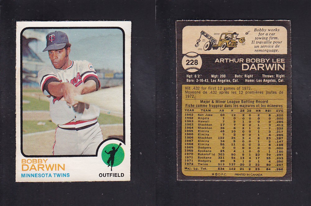 1973 O-PEE-CHEE BASEBALL CARD #228 B. DARWIN photo 1973 O-PEE-CHEE BASEBALL CARD #228 B. DARWIN photo