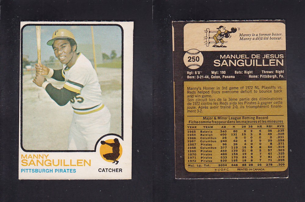 1973 O-PEE-CHEE BASEBALL CARD #250 M. SANGUILLEN photo 1973 O-PEE-CHEE BASEBALL CARD #250 M. SANGUILLEN photo