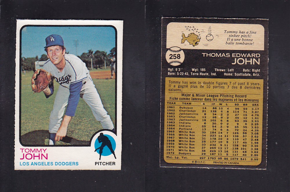 1973 O-PEE-CHEE BASEBALL CARD #258 T. JOHN photo 1973 O-PEE-CHEE BASEBALL CARD #258 T. JOHN photo