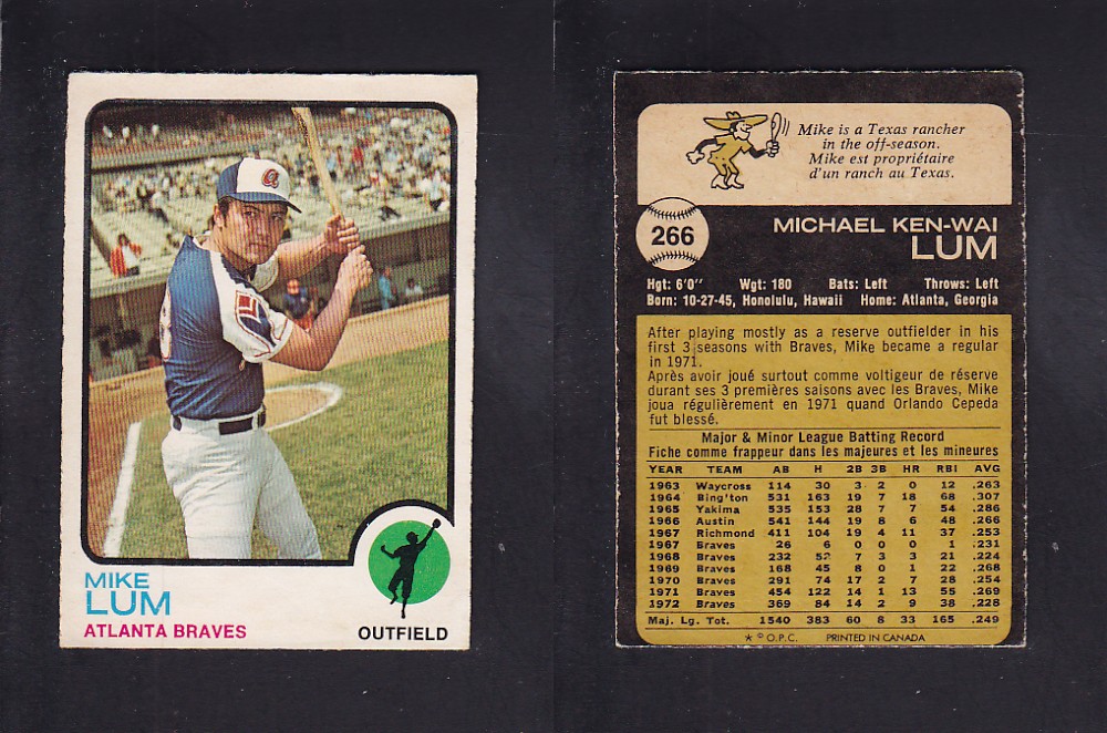 1973 O-PEE-CHEE BASEBALL CARD #266 M. LUM photo 1973 O-PEE-CHEE BASEBALL CARD #266 M. LUM photo