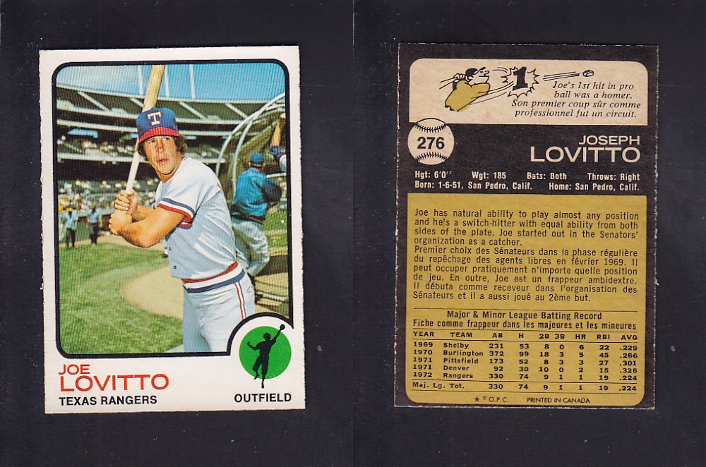 1973 O-PEE-CHEE BASEBALL CARD #276 J. LOVITTO photo 1973 O-PEE-CHEE BASEBALL CARD #276 J. LOVITTO photo