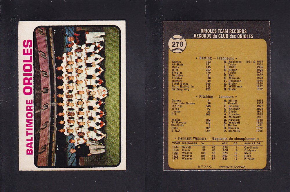 1973 O-PEE-CHEE BASEBALL CARD #278 BALTIMORE ORIOLES photo 1973 O-PEE-CHEE BASEBALL CARD #278 BALTIMORE ORIOLES photo