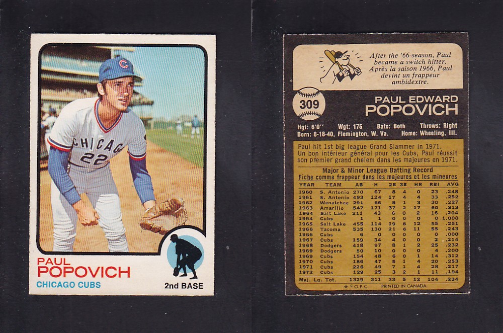 1973 O-PEE-CHEE BASEBALL CARD #309 P. POPOVICH photo 1973 O-PEE-CHEE BASEBALL CARD #309 P. POPOVICH photo